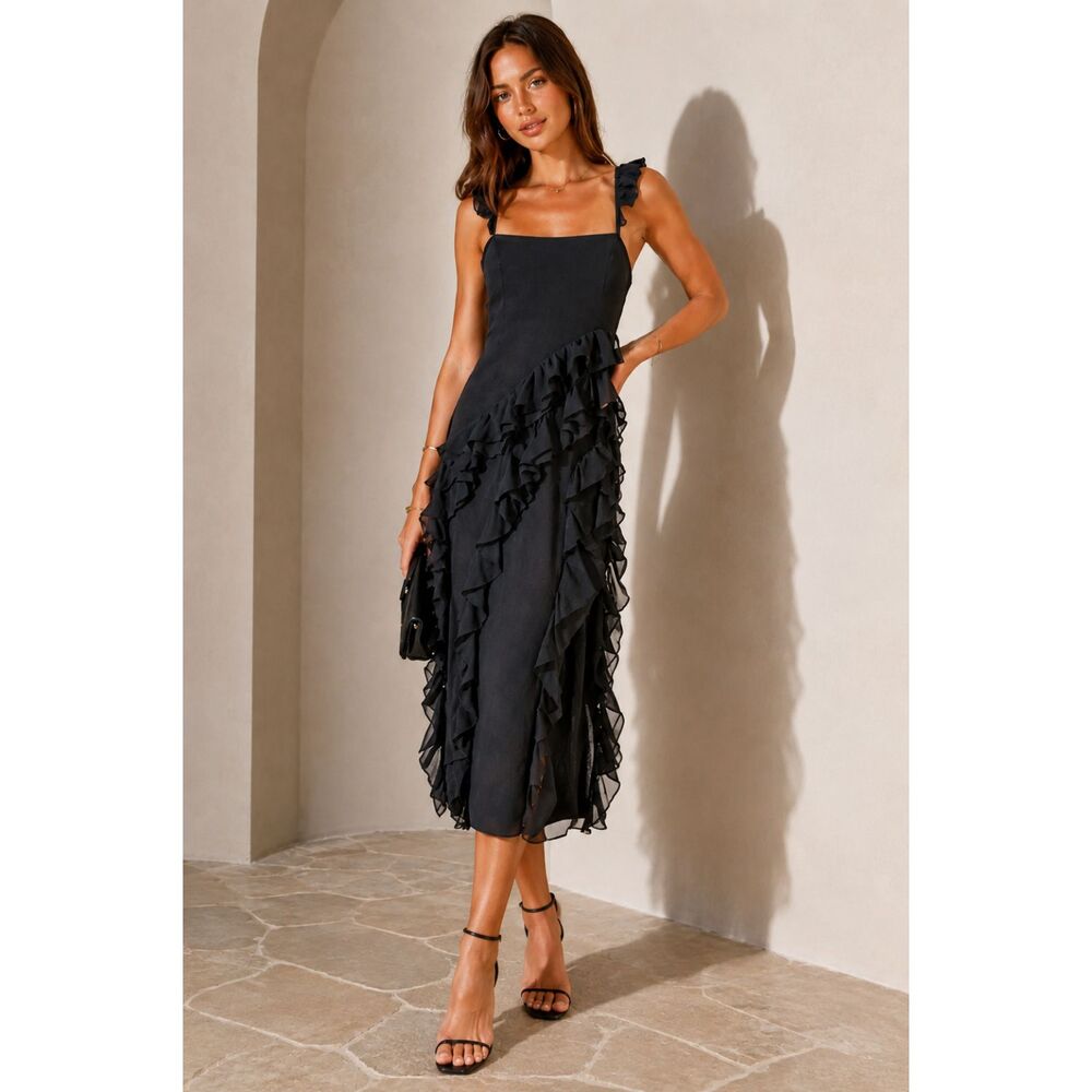 Likely Black Ruffle Midi Dress Size 00 NWT Cocktail Wedding Guest Old Money Glam